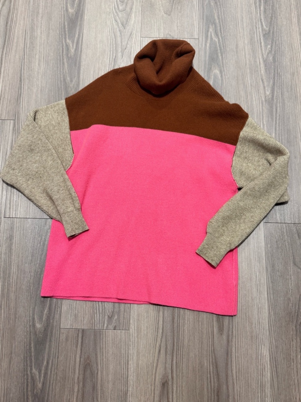 Free People Colorblock Cowl Turtleneck Sweater in Pink, Brown & Tan